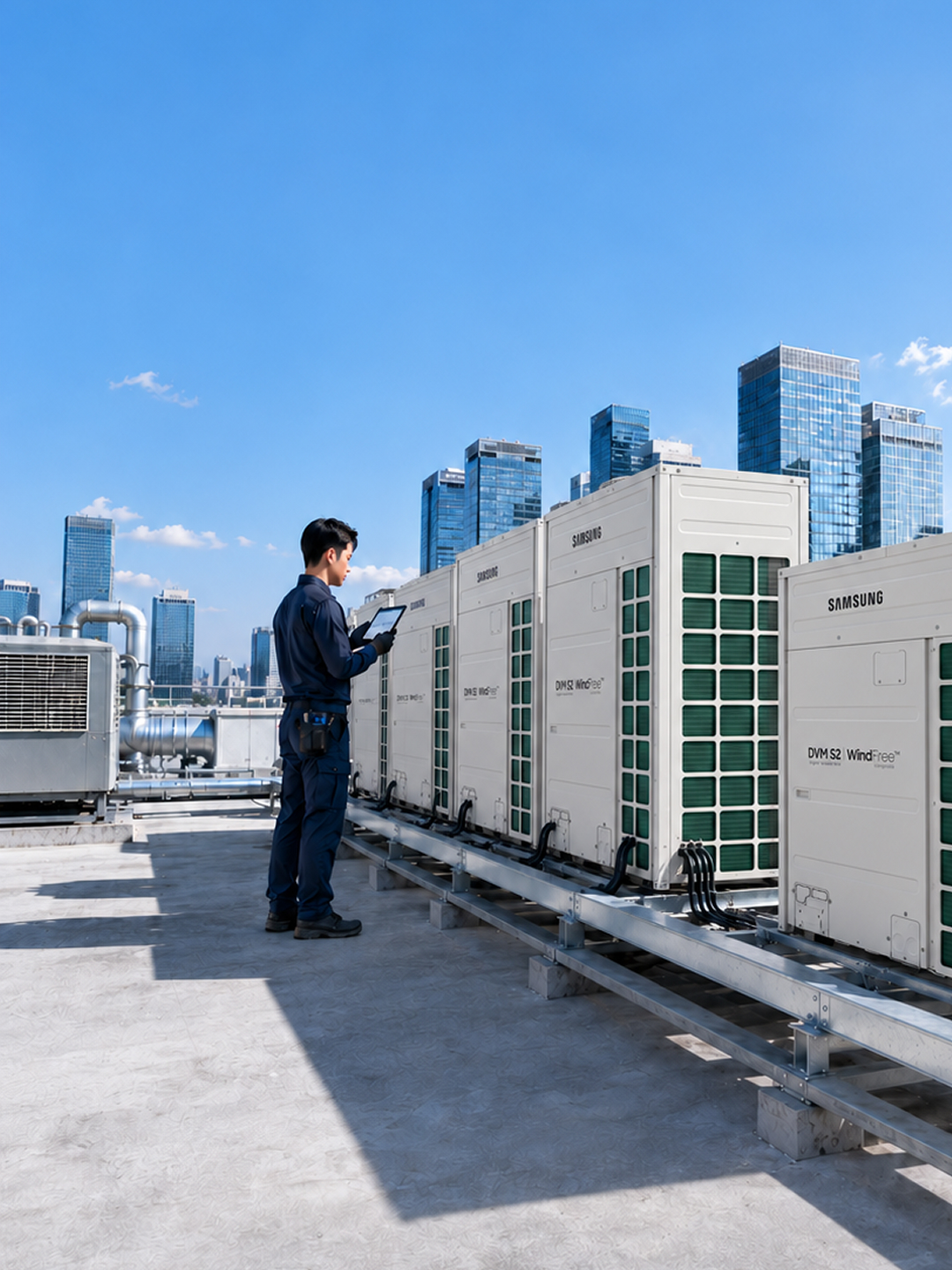 옥상 HVAC 실외기 설비를 점검하는 유지보수 엔지니어