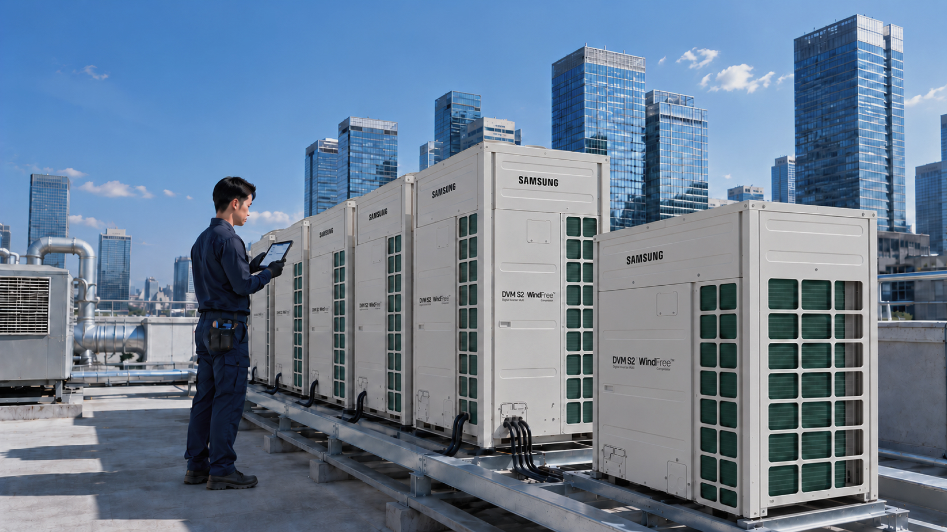 옥상 HVAC 실외기 설비를 점검하는 유지보수 엔지니어